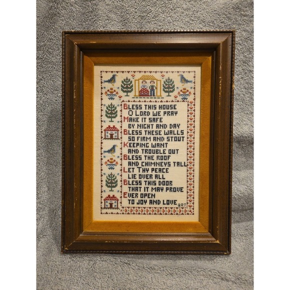 Other - Vintage Needlepoint Wedding Sampler Primitive In Frame  11.5x15 Bless This House
